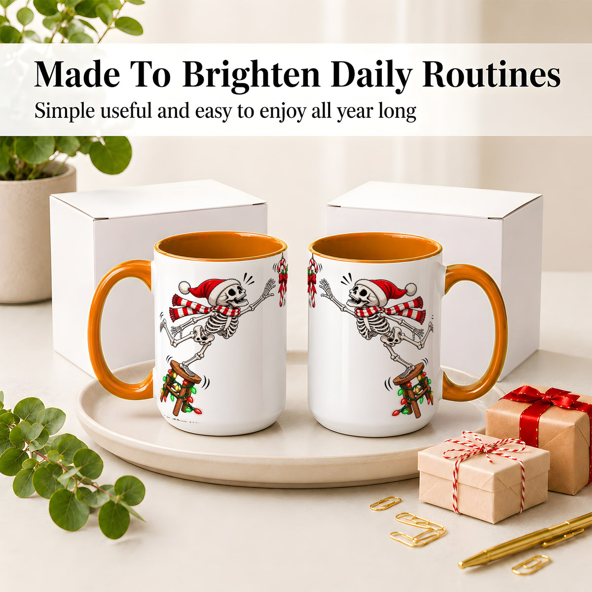 #pl[15oz|Orange] Christmas Skeleton Ceramic Mug, Playful Santa Holiday Coffee Cup