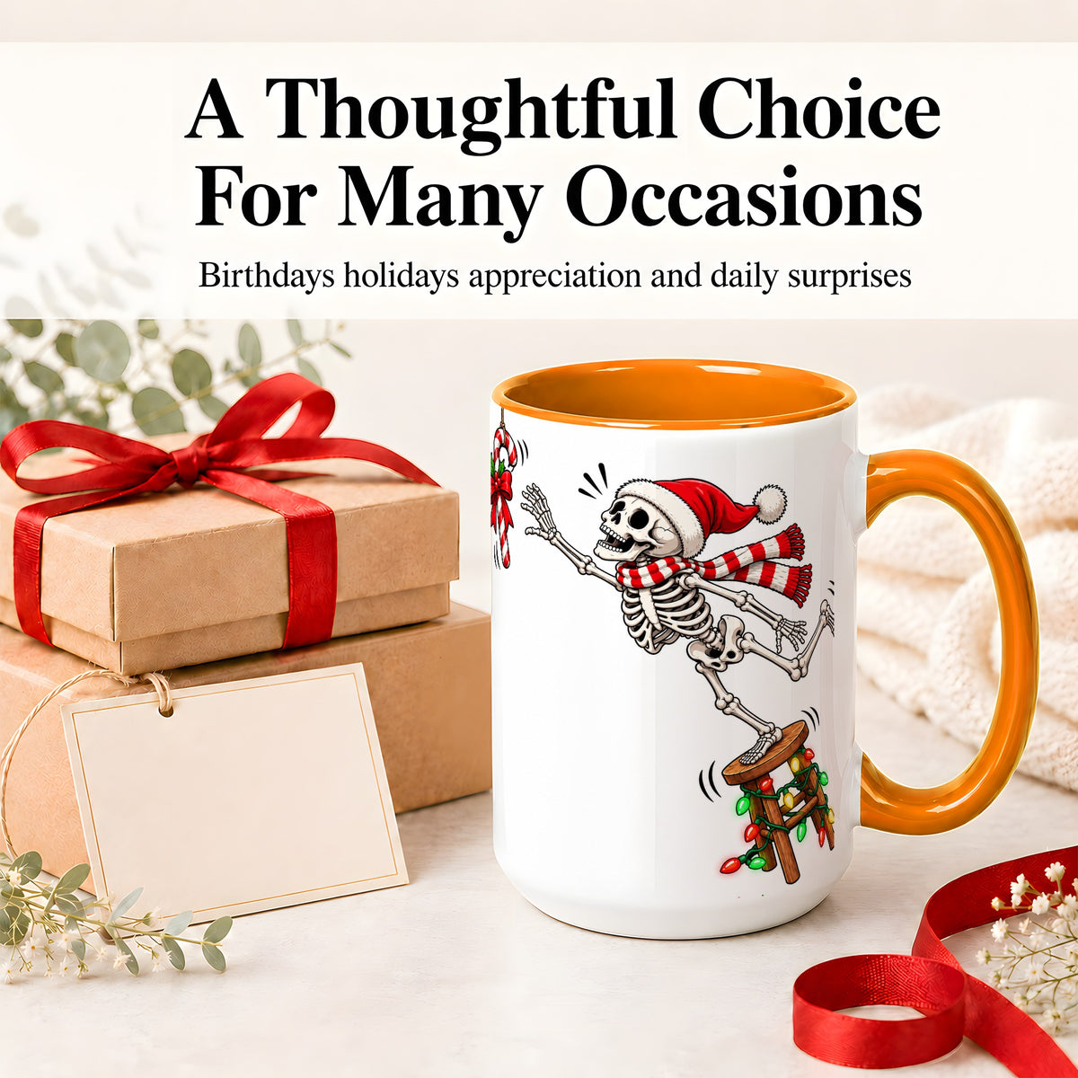 #pl[15oz|Orange] Christmas Skeleton Ceramic Mug, Playful Santa Holiday Coffee Cup