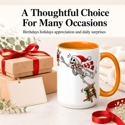 #pl[15oz|Orange] Christmas Skeleton Ceramic Mug, Playful Santa Holiday Coffee Cup