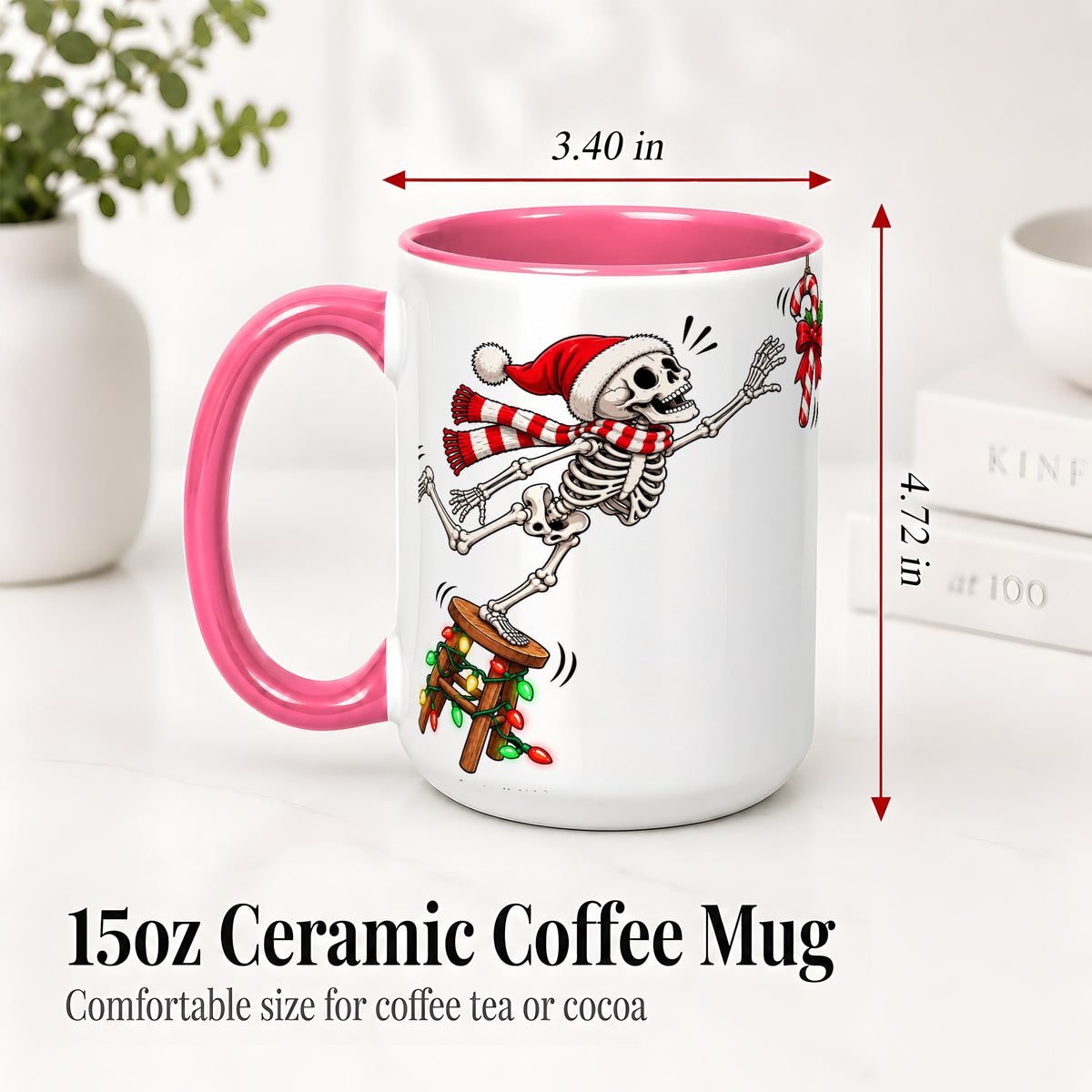 #pl[15oz|Pink] Christmas Skeleton Ceramic Mug, Playful Santa Holiday Coffee Cup