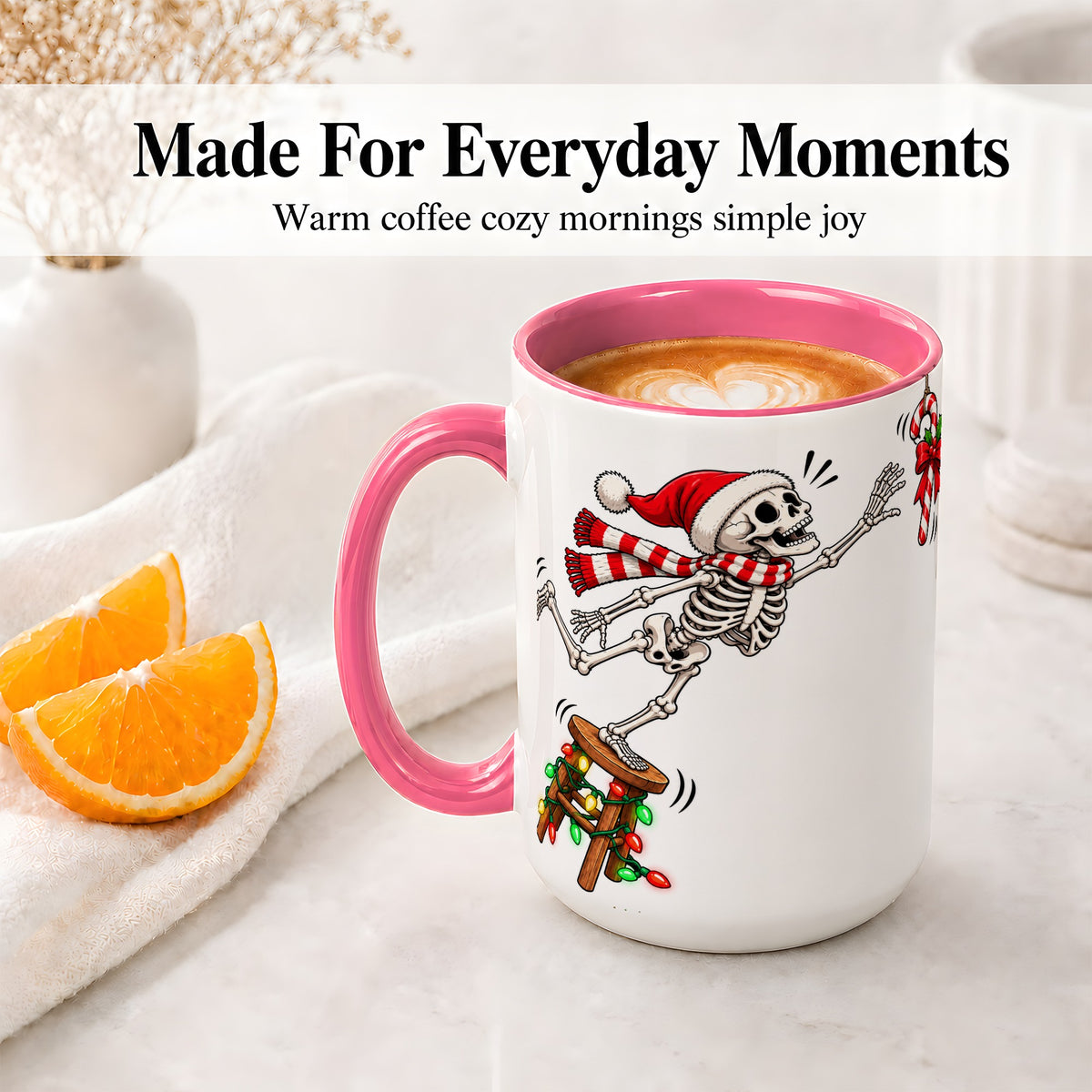 #pl[15oz|Pink] Christmas Skeleton Ceramic Mug, Playful Santa Holiday Coffee Cup