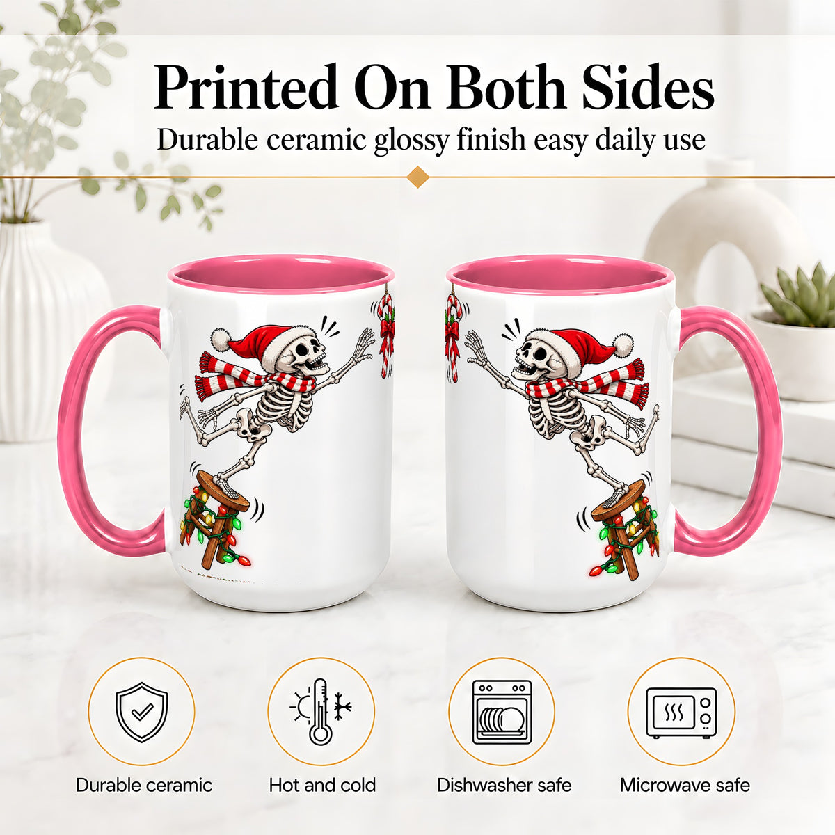 #pl[15oz|Pink] Christmas Skeleton Ceramic Mug, Playful Santa Holiday Coffee Cup