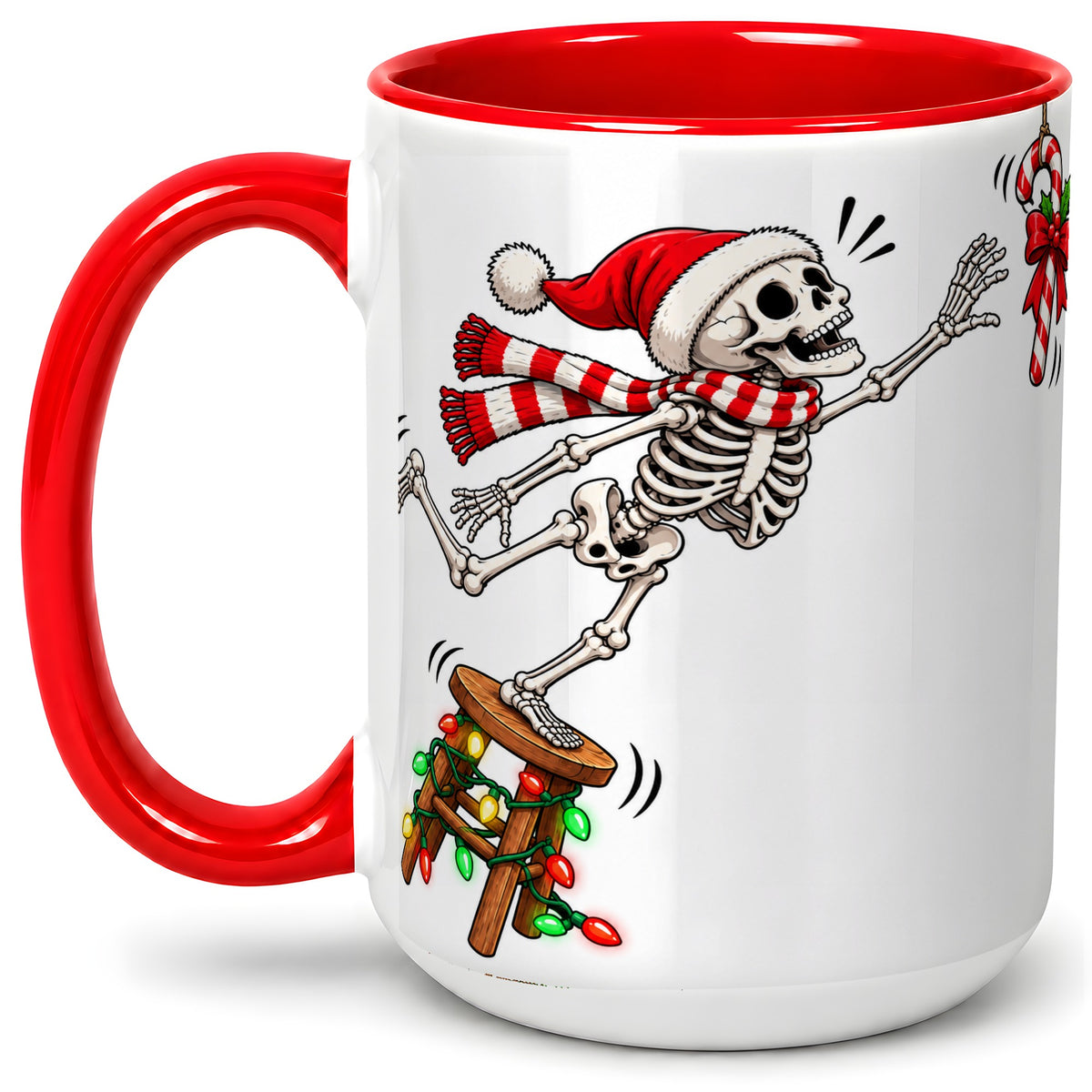 #pl[15oz|Red] Christmas Skeleton Ceramic Mug, Playful Santa Holiday Coffee Cup