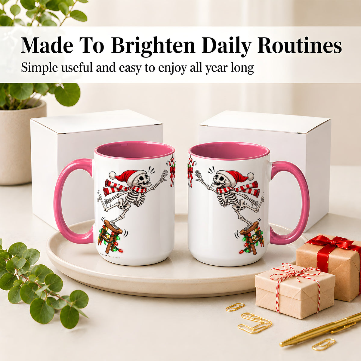#pl[15oz|Pink] Christmas Skeleton Ceramic Mug, Playful Santa Holiday Coffee Cup