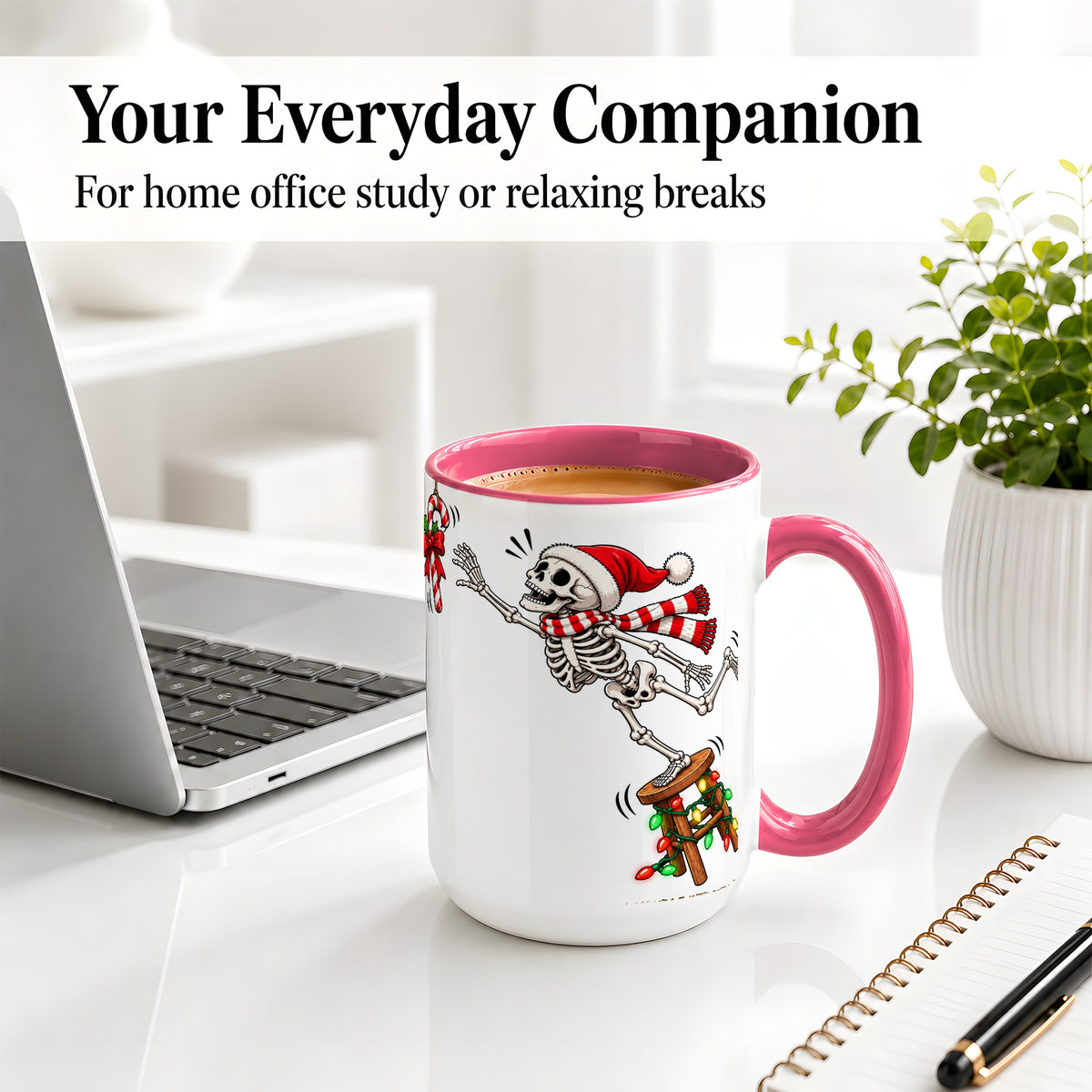 #pl[15oz|Pink] Christmas Skeleton Ceramic Mug, Playful Santa Holiday Coffee Cup