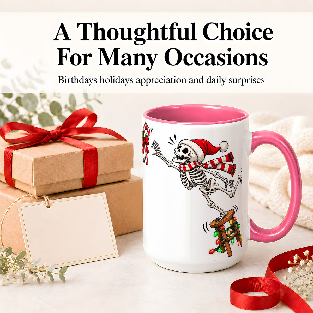 #pl[15oz|Pink] Christmas Skeleton Ceramic Mug, Playful Santa Holiday Coffee Cup