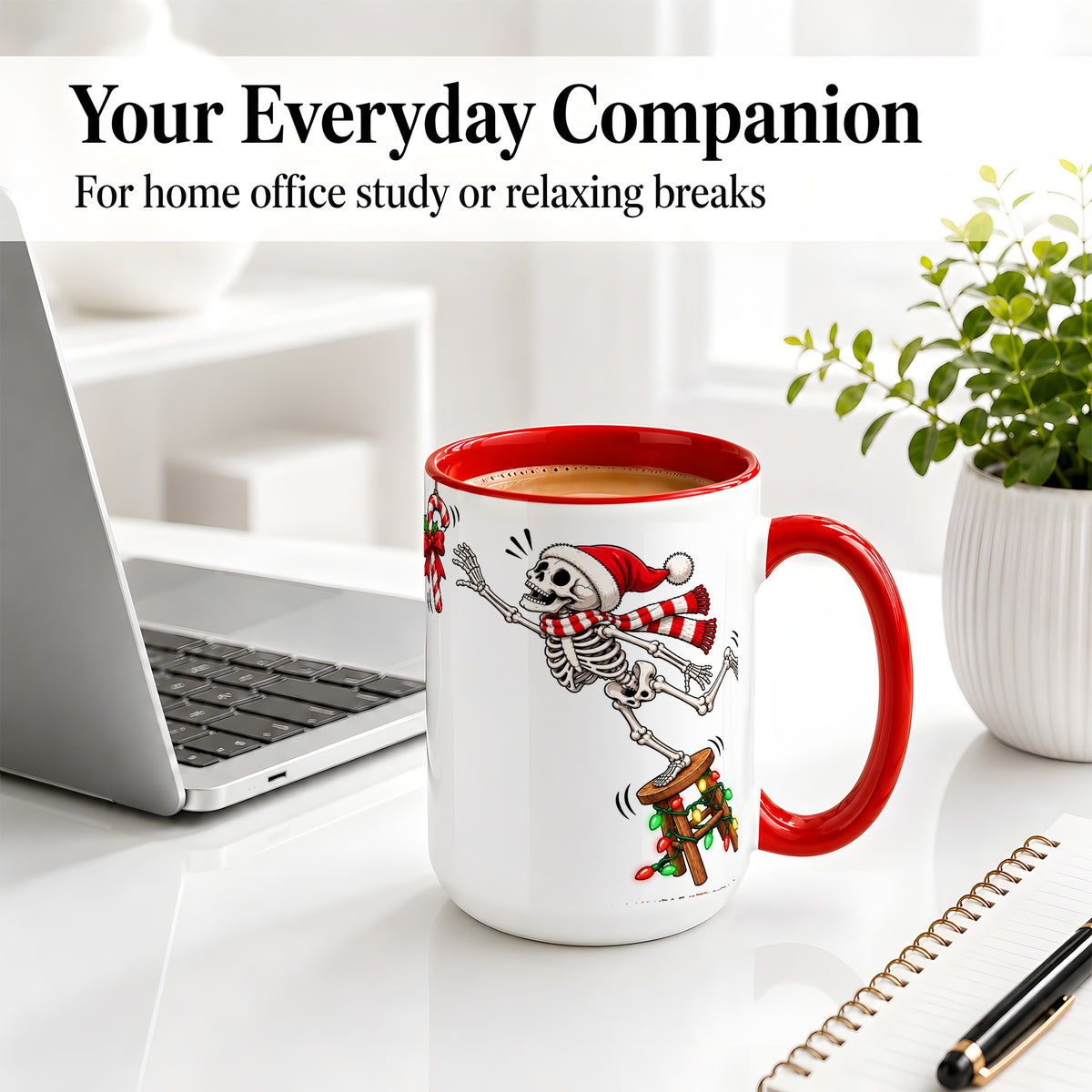 #pl[15oz|Red] Christmas Skeleton Ceramic Mug, Playful Santa Holiday Coffee Cup