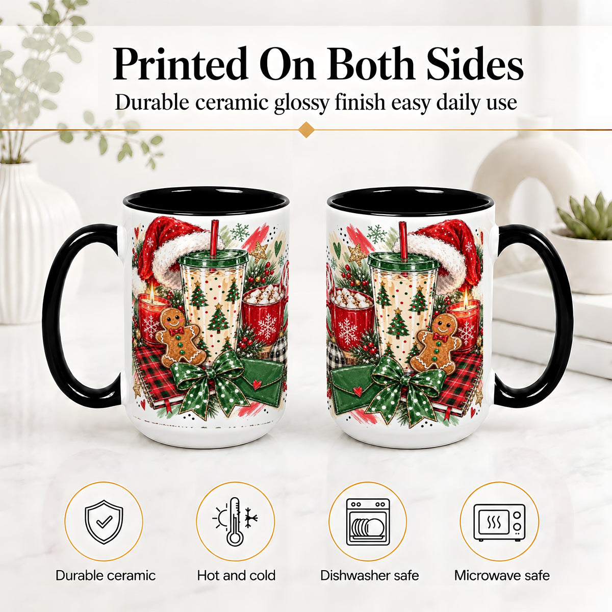 #pl[15oz|Black] Cozy Christmas Ceramic Mug, Festive Holiday Coffee Cup Artwork