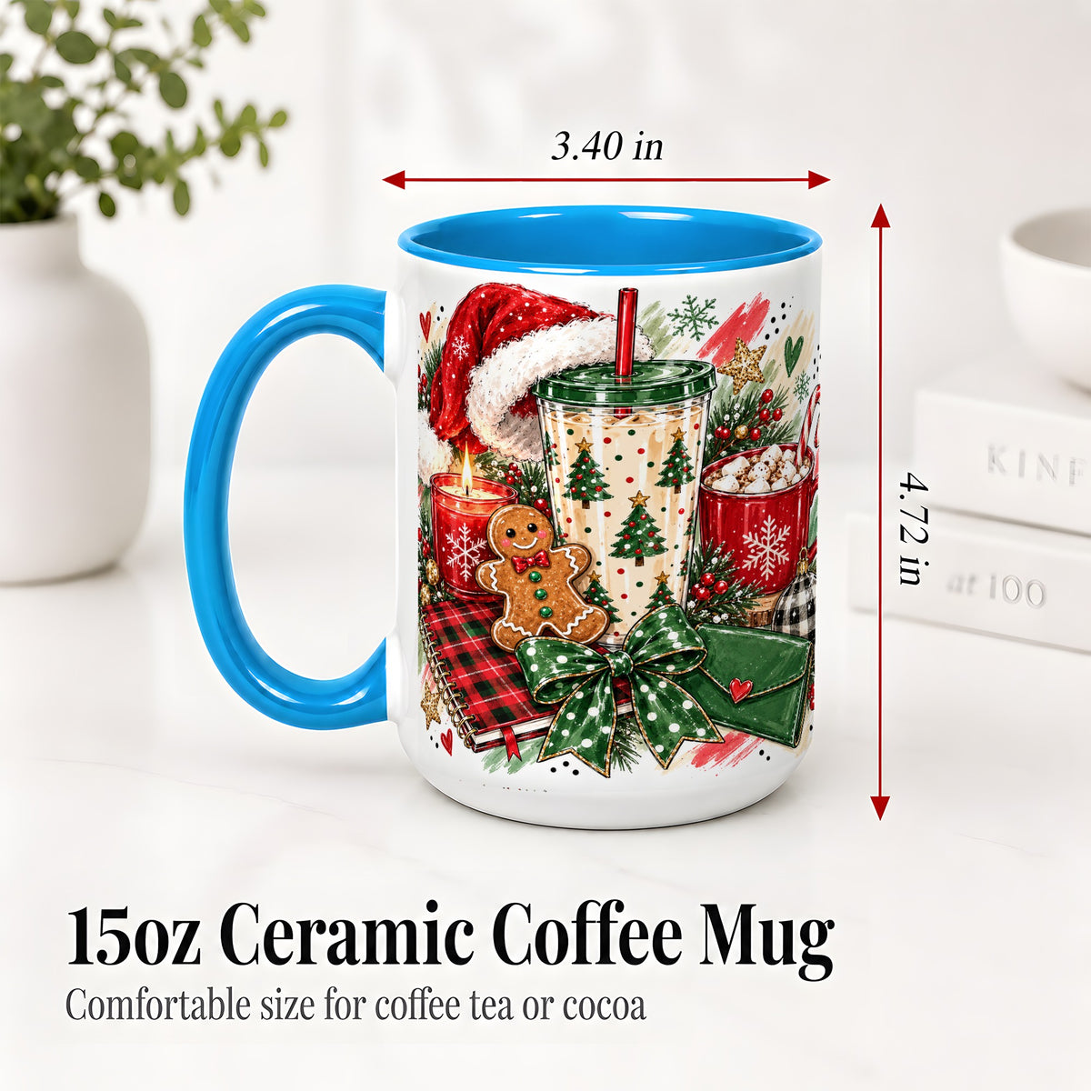 #pl[15oz|Blue] Cozy Christmas Ceramic Mug, Festive Holiday Coffee Cup Artwork