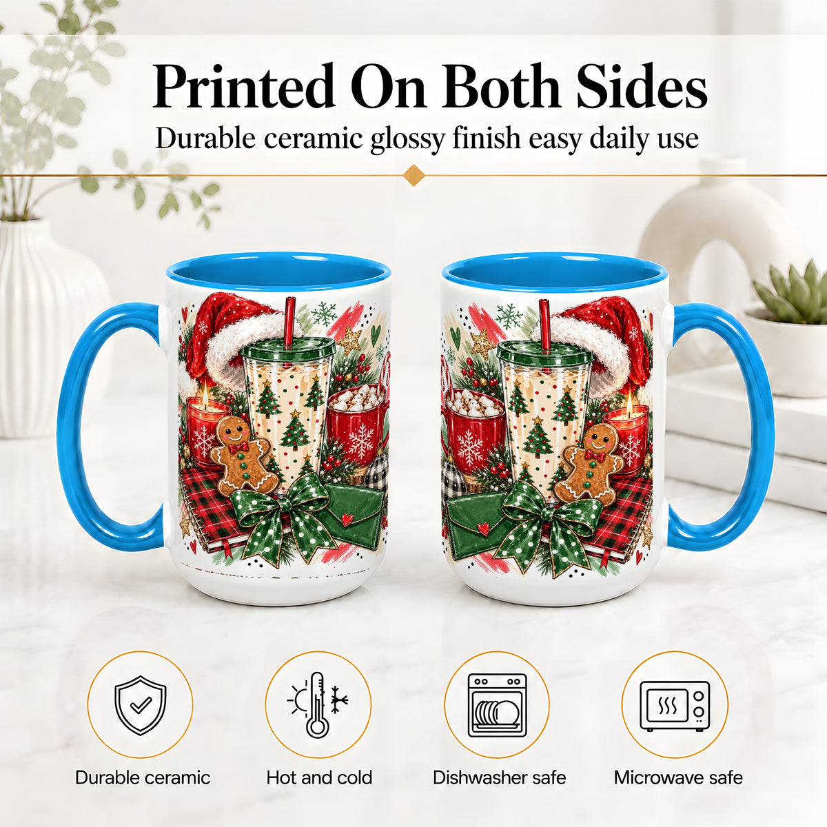 #pl[15oz|Blue] Cozy Christmas Ceramic Mug, Festive Holiday Coffee Cup Artwork