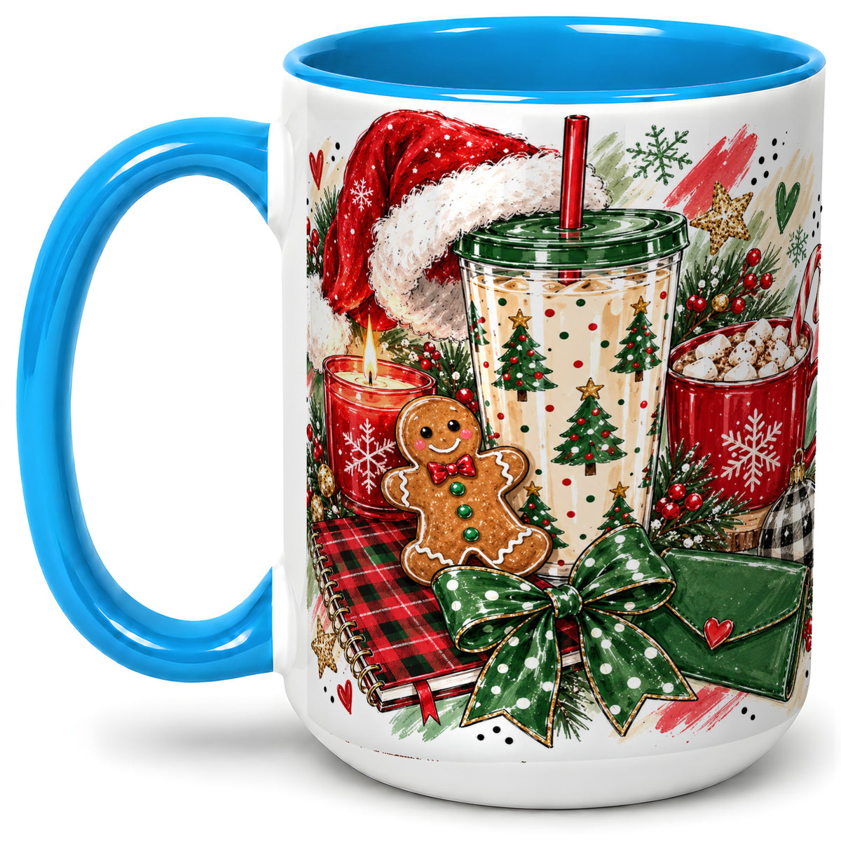 #pl[15oz|Blue] Cozy Christmas Ceramic Mug, Festive Holiday Coffee Cup Artwork