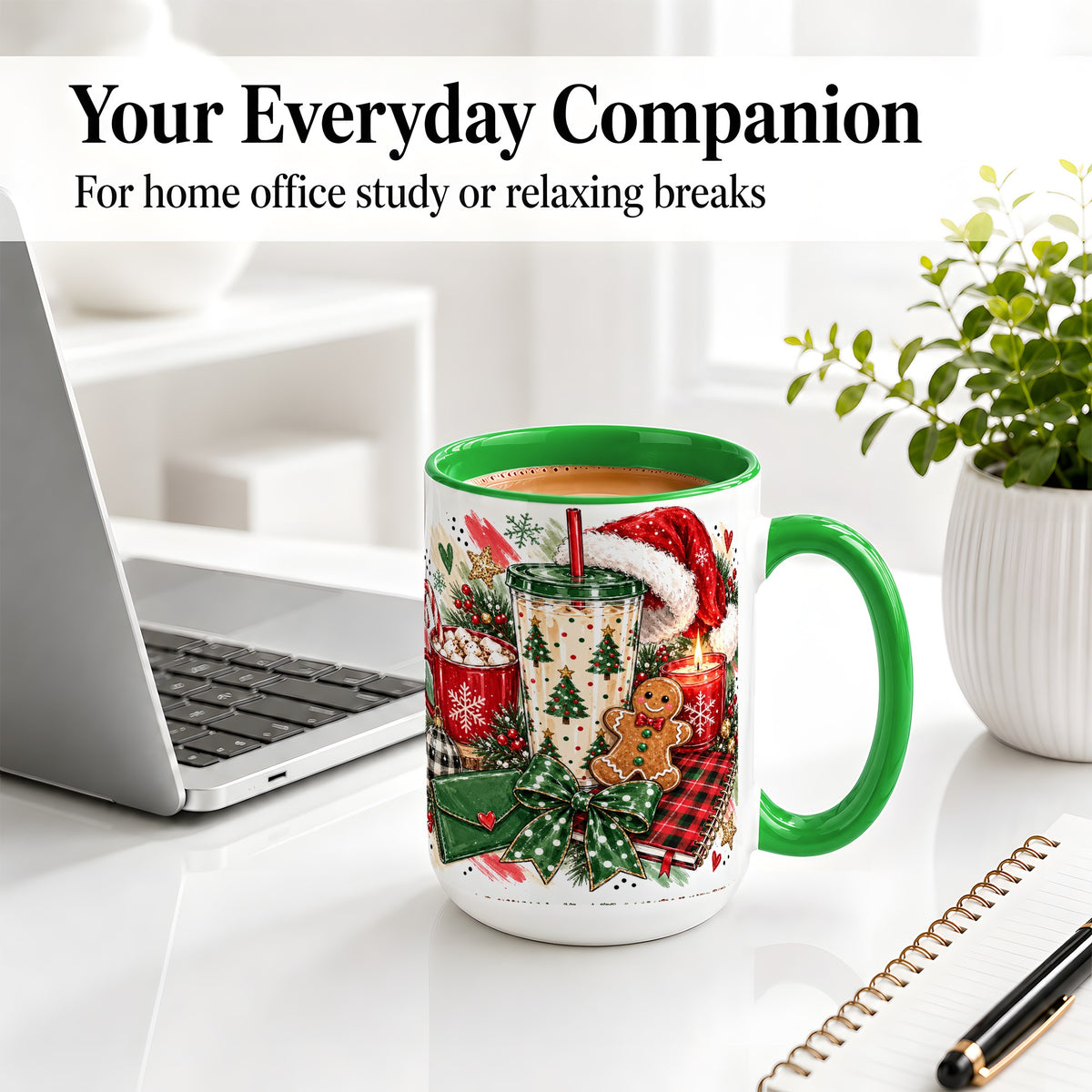 #pl[15oz|Green] Cozy Christmas Ceramic Mug, Festive Holiday Coffee Cup Artwork