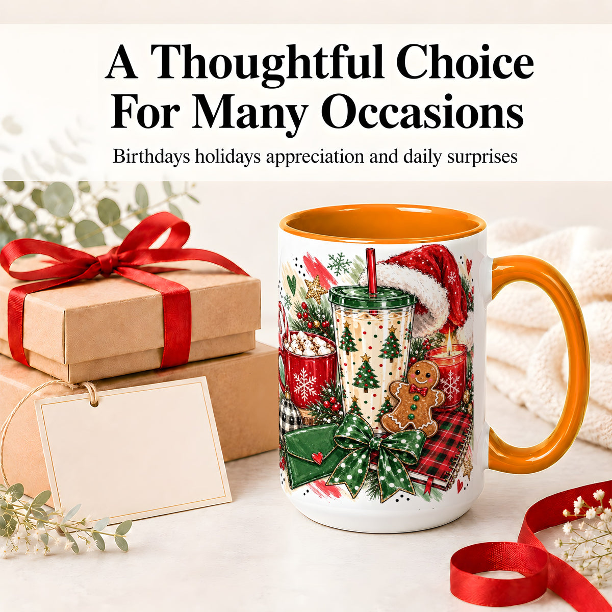 #pl[15oz|Orange] Cozy Christmas Ceramic Mug, Festive Holiday Coffee Cup Artwork