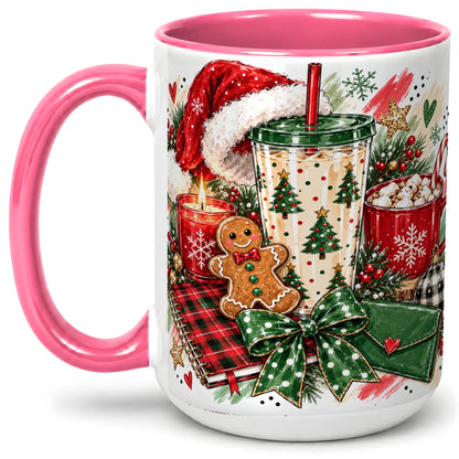 #pl[15oz|Pink] Cozy Christmas Ceramic Mug, Festive Holiday Coffee Cup Artwork