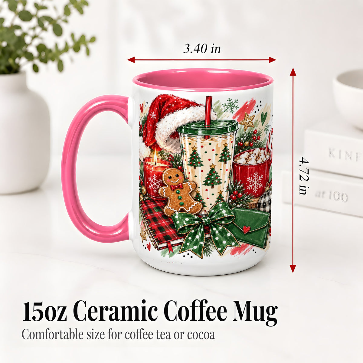 #pl[15oz|Pink] Cozy Christmas Ceramic Mug, Festive Holiday Coffee Cup Artwork