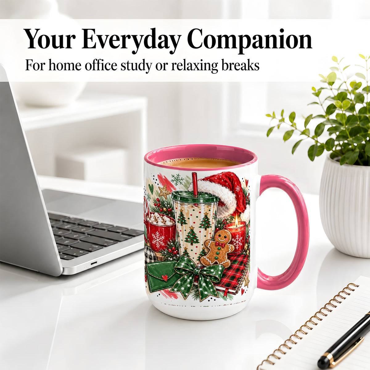 #pl[15oz|Pink] Cozy Christmas Ceramic Mug, Festive Holiday Coffee Cup Artwork
