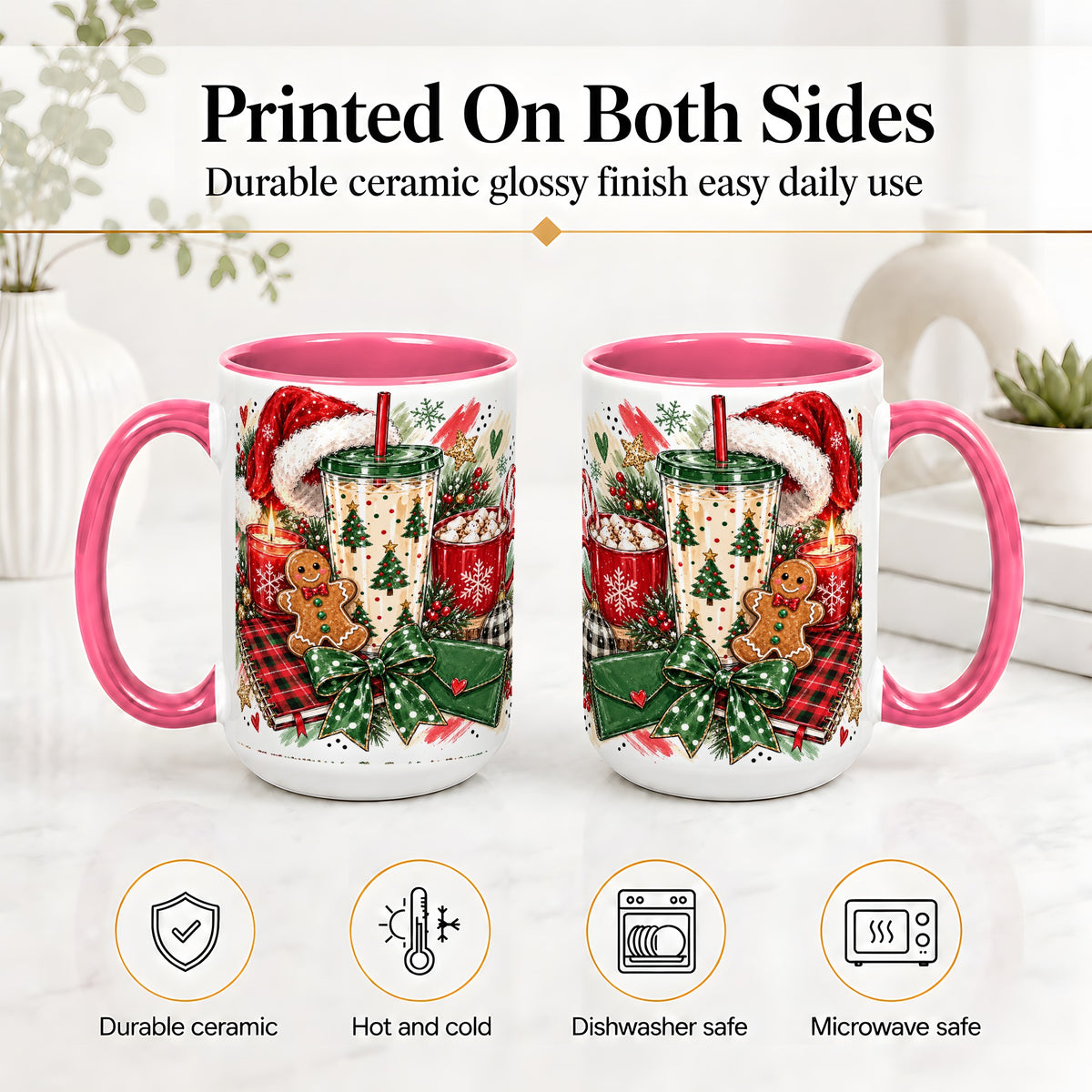 #pl[15oz|Pink] Cozy Christmas Ceramic Mug, Festive Holiday Coffee Cup Artwork