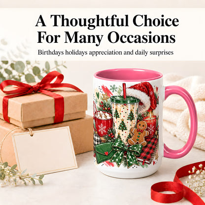 #pl[15oz|Pink] Cozy Christmas Ceramic Mug, Festive Holiday Coffee Cup Artwork