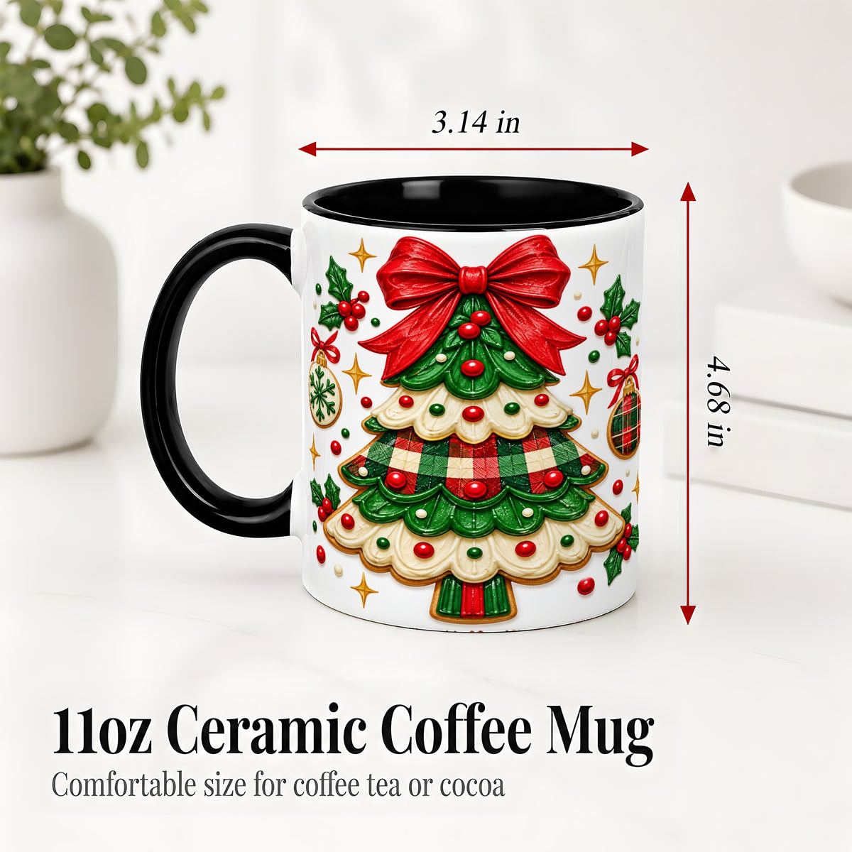 #pl[11oz|Black] Christmas Tree Cookie Ceramic Mug, Festive Holiday Coffee Cup