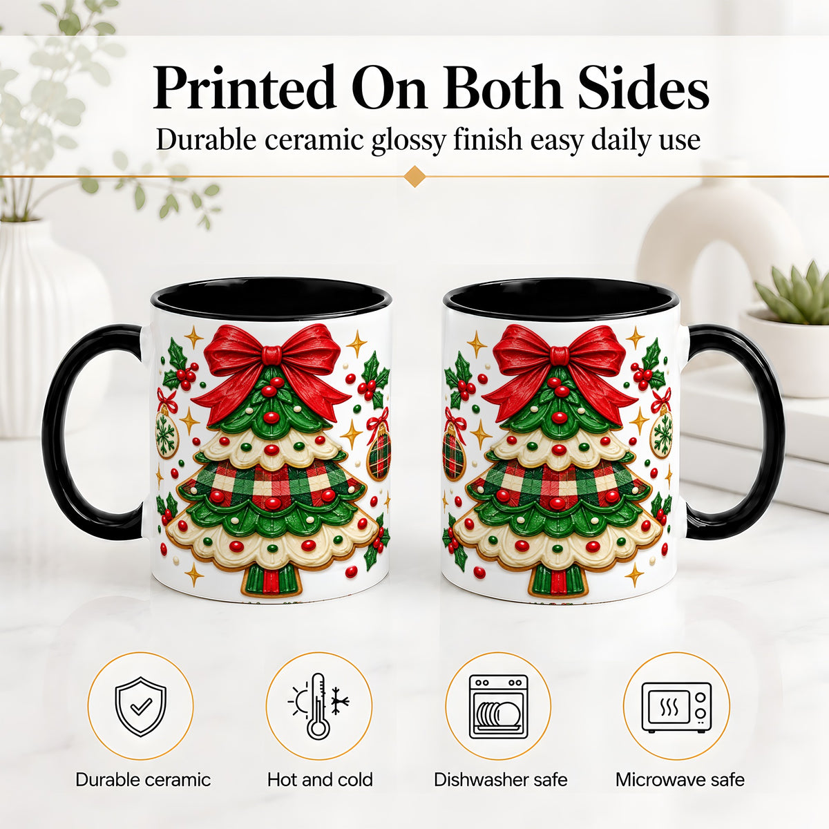#pl[11oz|Black] Christmas Tree Cookie Ceramic Mug, Festive Holiday Coffee Cup