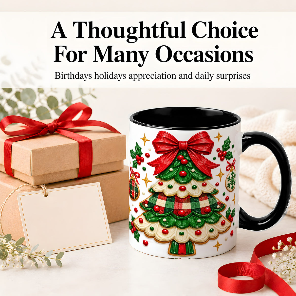 #pl[11oz|Black] Christmas Tree Cookie Ceramic Mug, Festive Holiday Coffee Cup
