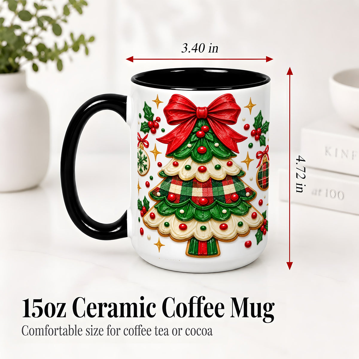 #pl[15oz|Black] Christmas Tree Cookie Ceramic Mug, Festive Holiday Coffee Cup