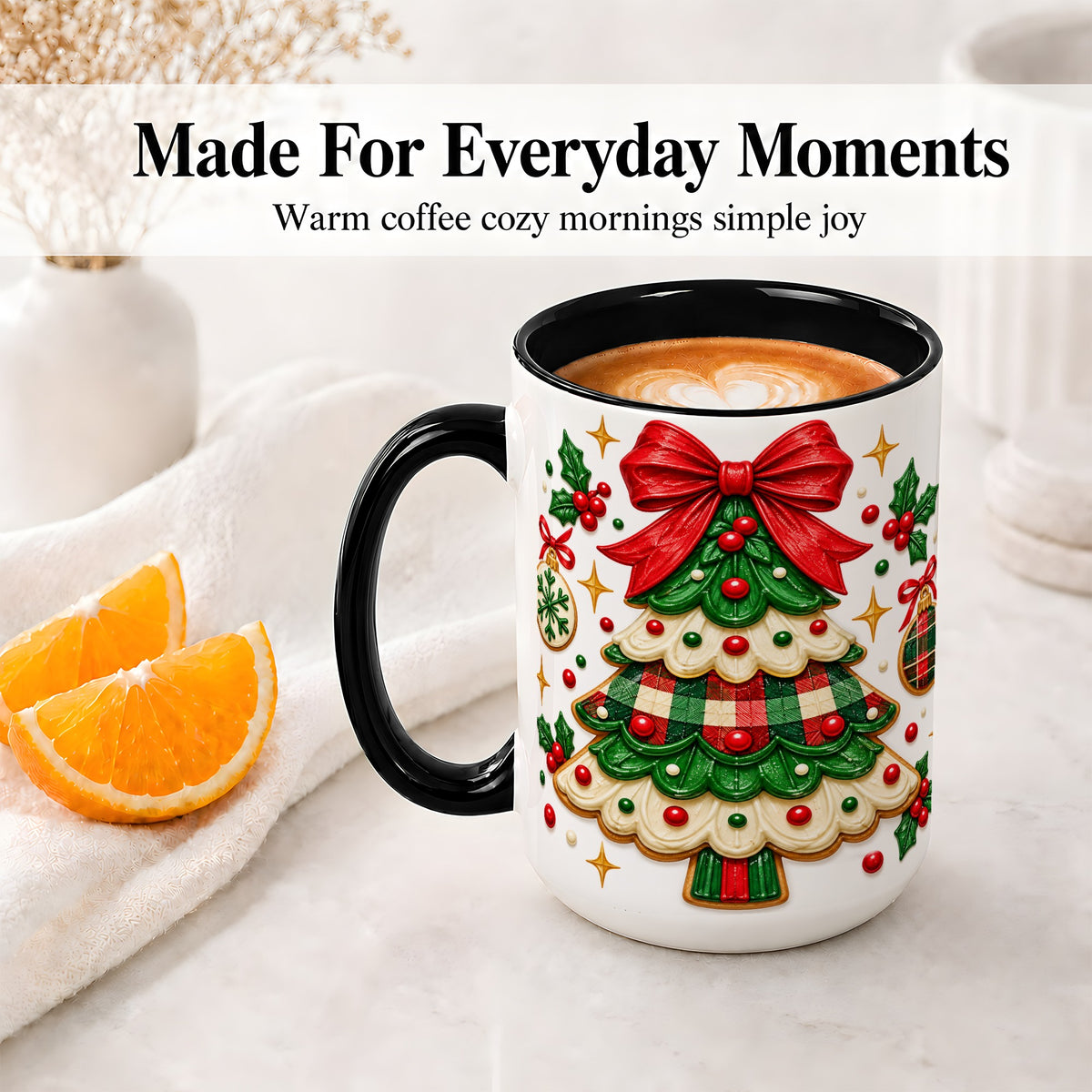 #pl[15oz|Black] Christmas Tree Cookie Ceramic Mug, Festive Holiday Coffee Cup