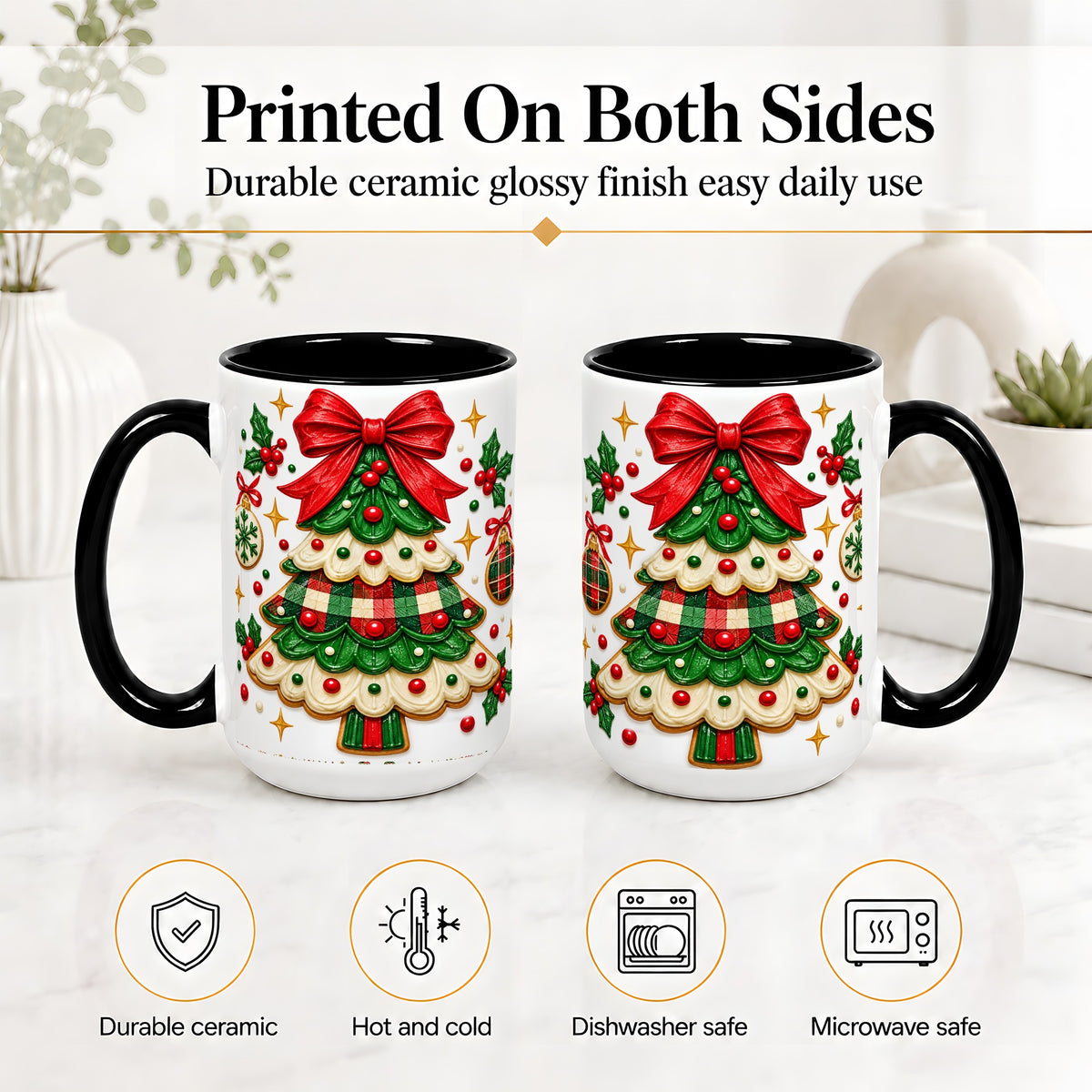 #pl[15oz|Black] Christmas Tree Cookie Ceramic Mug, Festive Holiday Coffee Cup