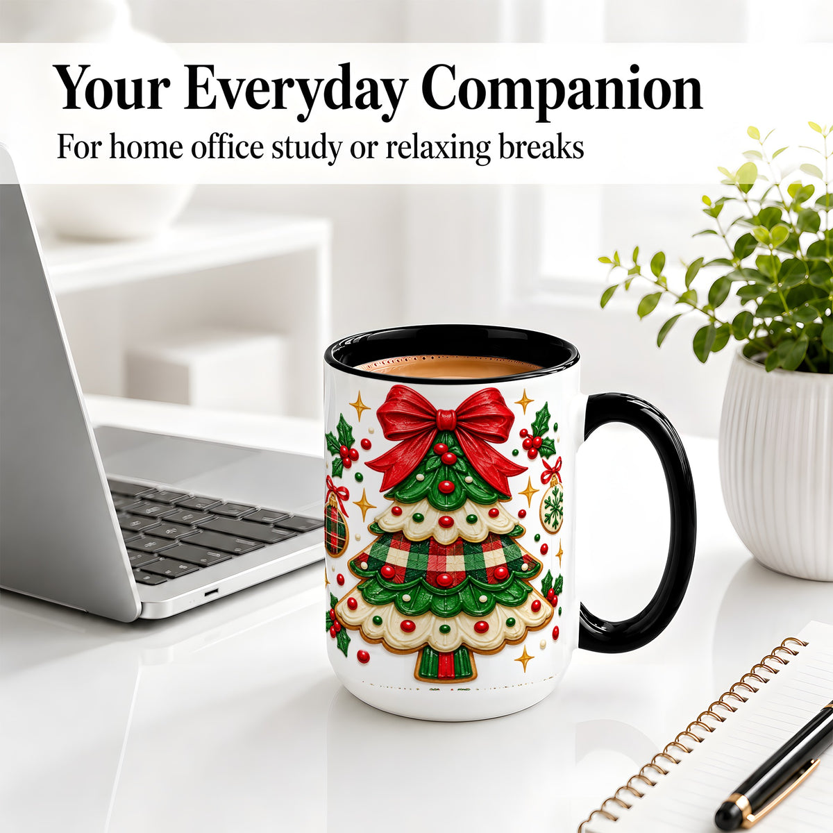 #pl[15oz|Black] Christmas Tree Cookie Ceramic Mug, Festive Holiday Coffee Cup