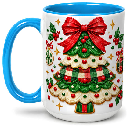 #pl[15oz|Blue] Christmas Tree Cookie Ceramic Mug, Festive Holiday Coffee Cup