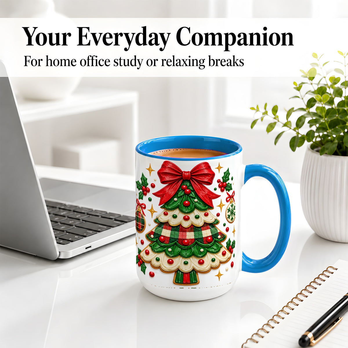 #pl[15oz|Blue] Christmas Tree Cookie Ceramic Mug, Festive Holiday Coffee Cup