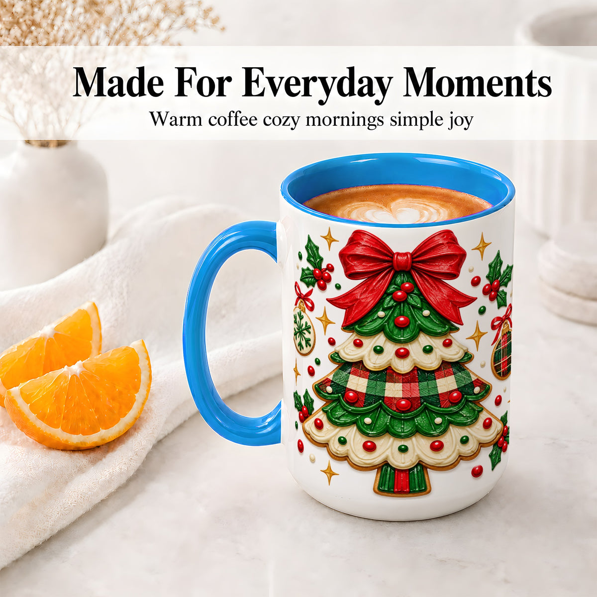 #pl[15oz|Blue] Christmas Tree Cookie Ceramic Mug, Festive Holiday Coffee Cup