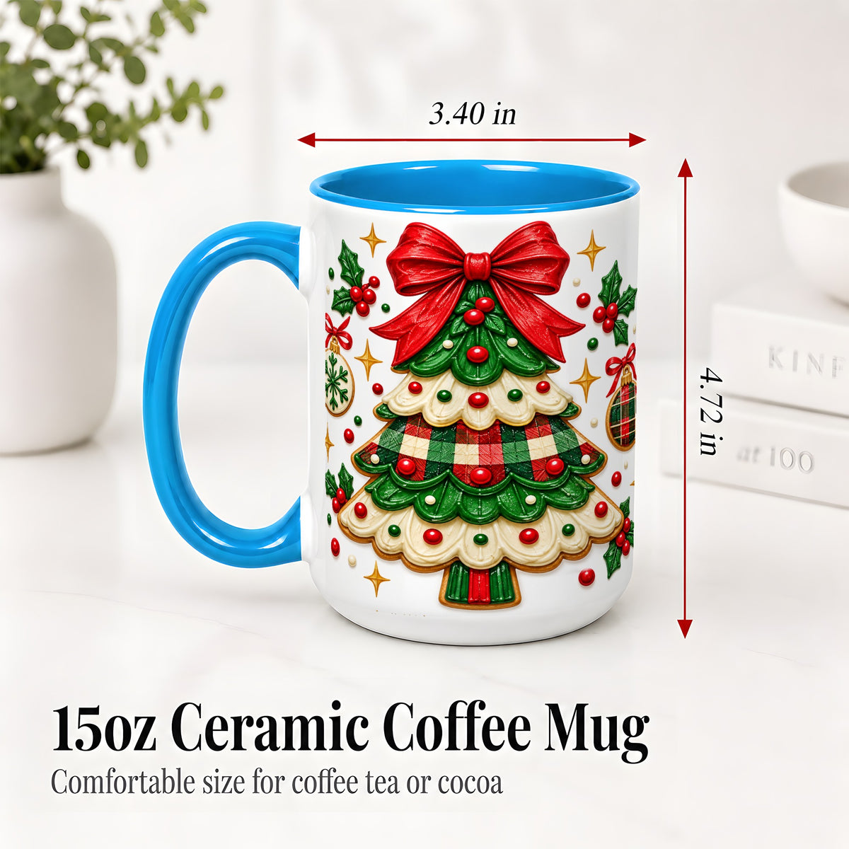 #pl[15oz|Blue] Christmas Tree Cookie Ceramic Mug, Festive Holiday Coffee Cup