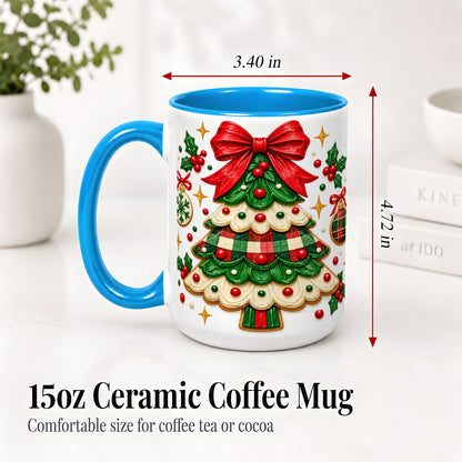 #pl[15oz|Blue] Christmas Tree Cookie Ceramic Mug, Festive Holiday Coffee Cup