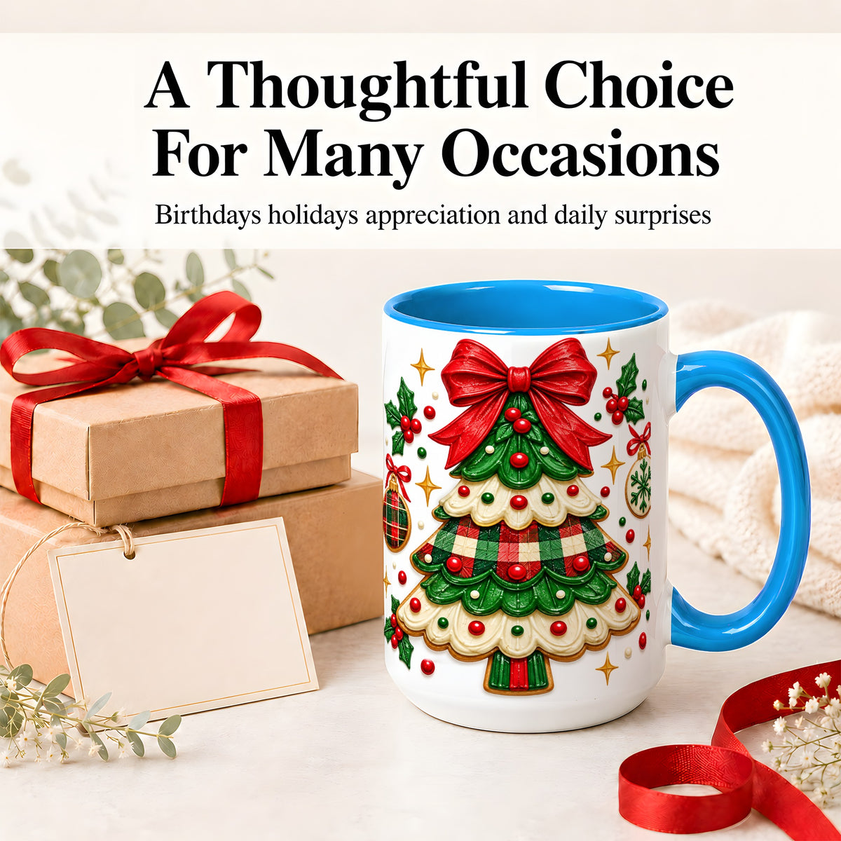 #pl[15oz|Blue] Christmas Tree Cookie Ceramic Mug, Festive Holiday Coffee Cup