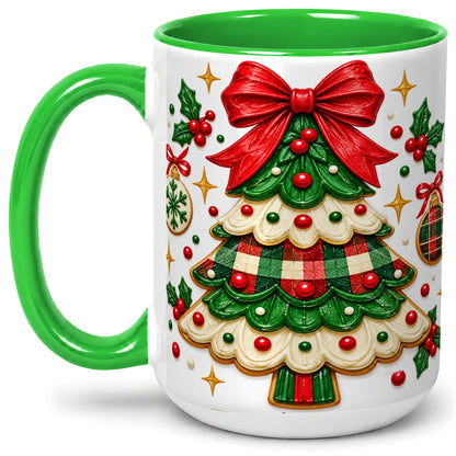 #pl[15oz|Green] Christmas Tree Cookie Ceramic Mug, Festive Holiday Coffee Cup