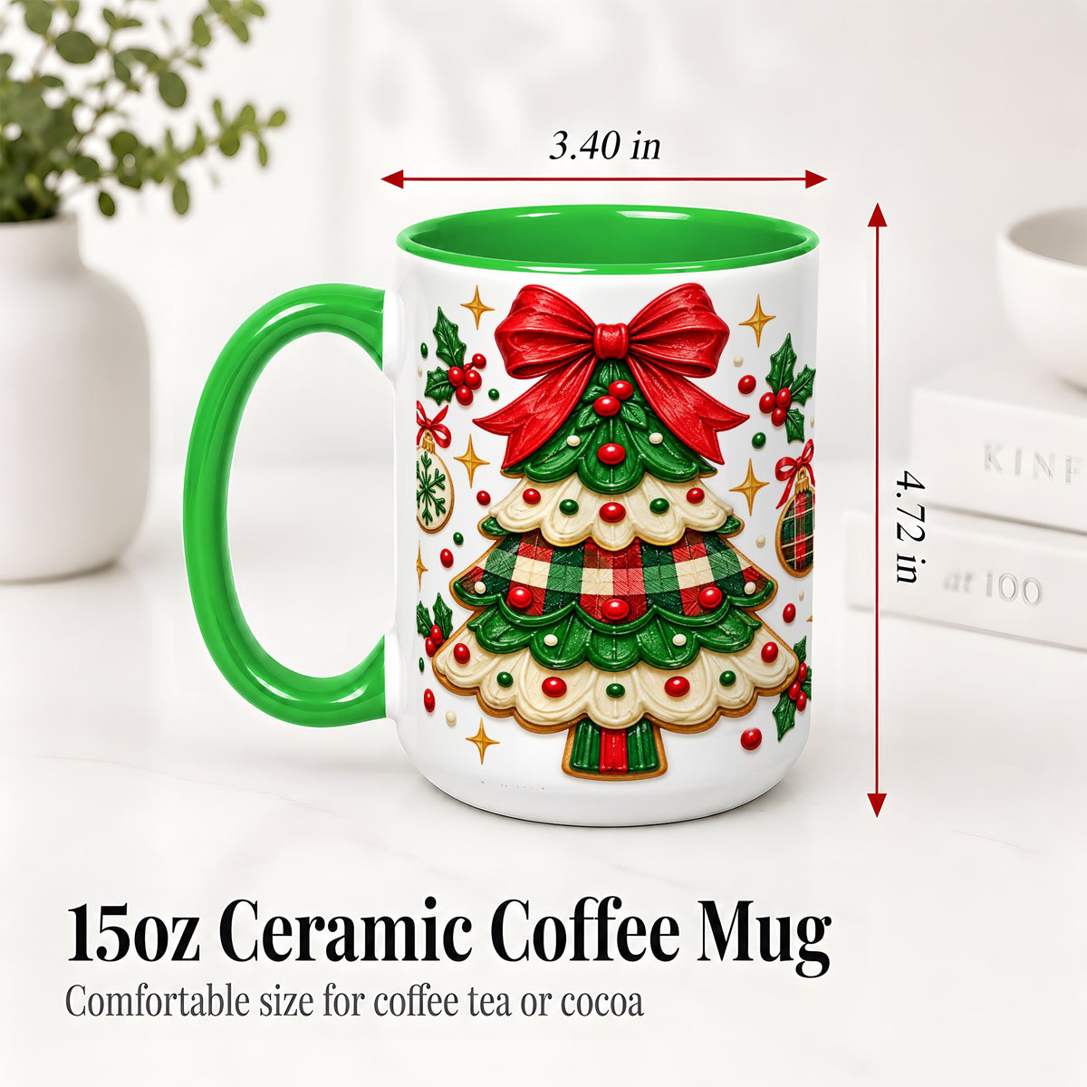 #pl[15oz|Green] Christmas Tree Cookie Ceramic Mug, Festive Holiday Coffee Cup