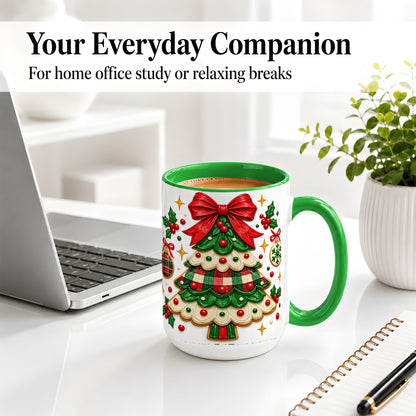 #pl[15oz|Green] Christmas Tree Cookie Ceramic Mug, Festive Holiday Coffee Cup