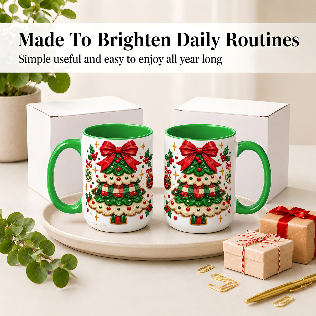 #pl[15oz|Green] Christmas Tree Cookie Ceramic Mug, Festive Holiday Coffee Cup