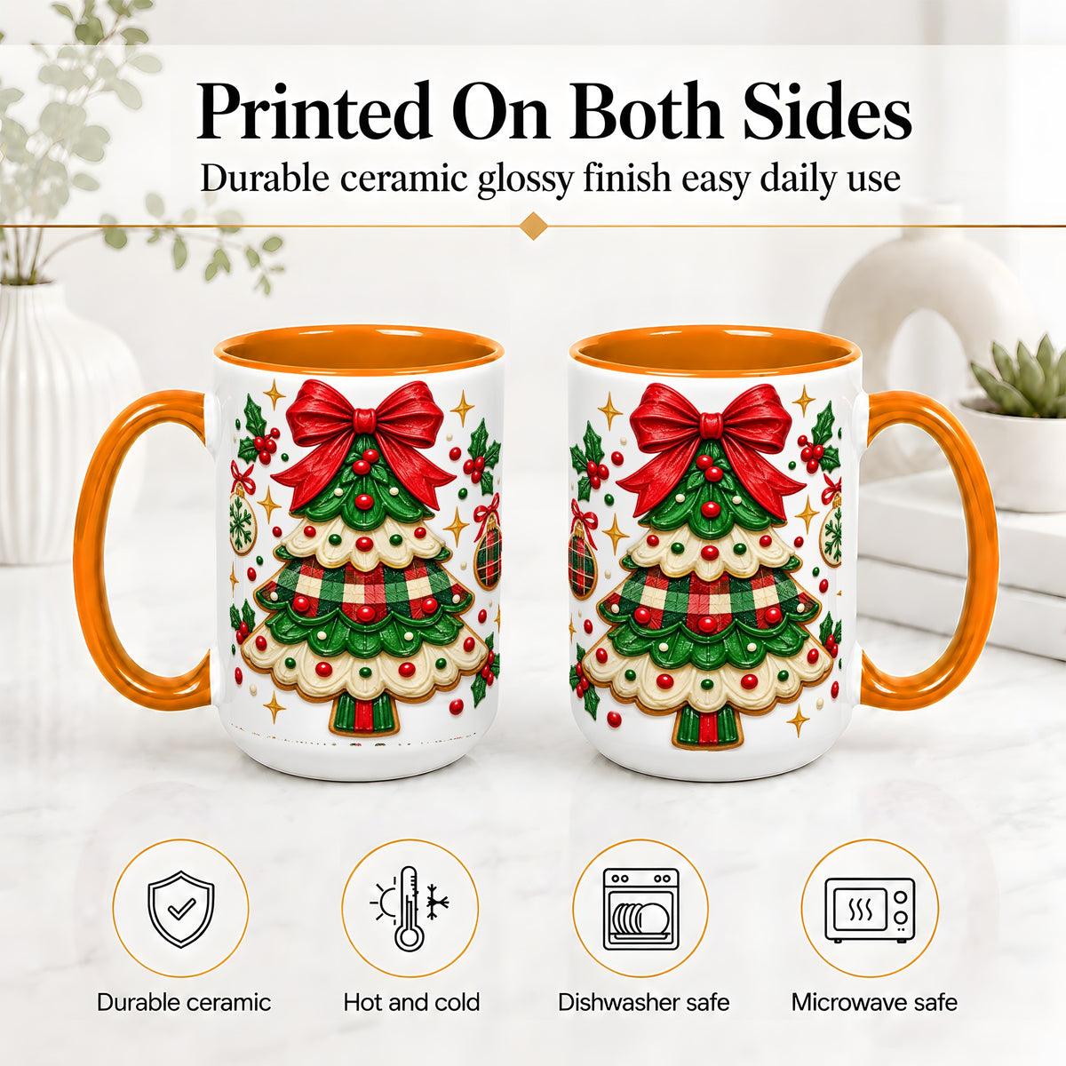 #pl[15oz|Orange] Christmas Tree Cookie Ceramic Mug, Festive Holiday Coffee Cup