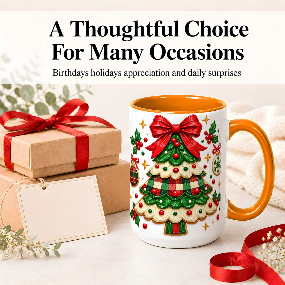 #pl[15oz|Orange] Christmas Tree Cookie Ceramic Mug, Festive Holiday Coffee Cup