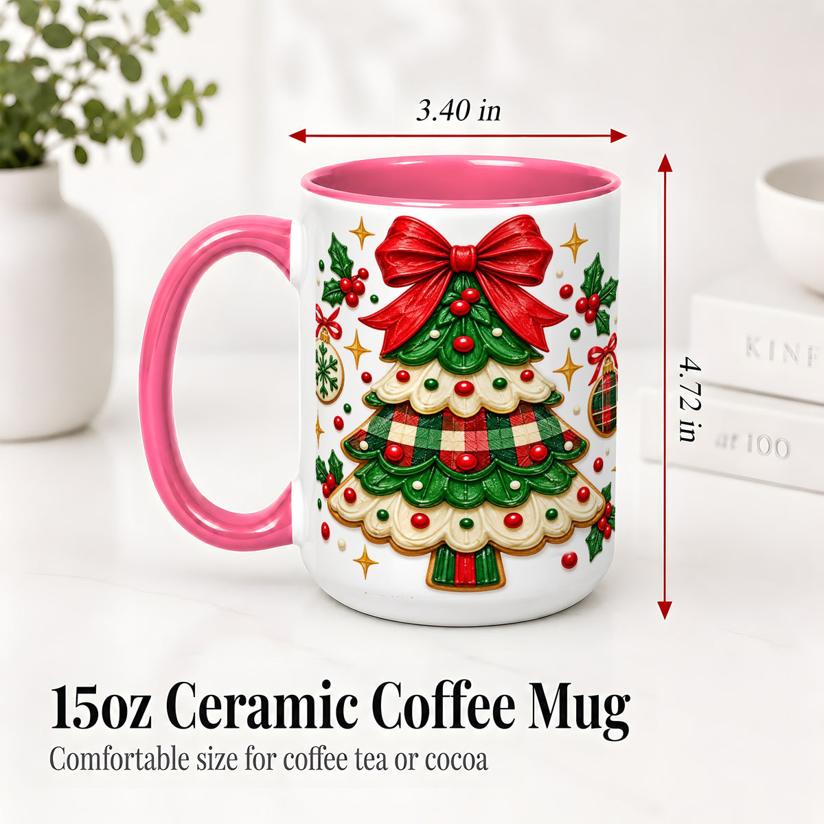 #pl[15oz|Pink] Christmas Tree Cookie Ceramic Mug, Festive Holiday Coffee Cup