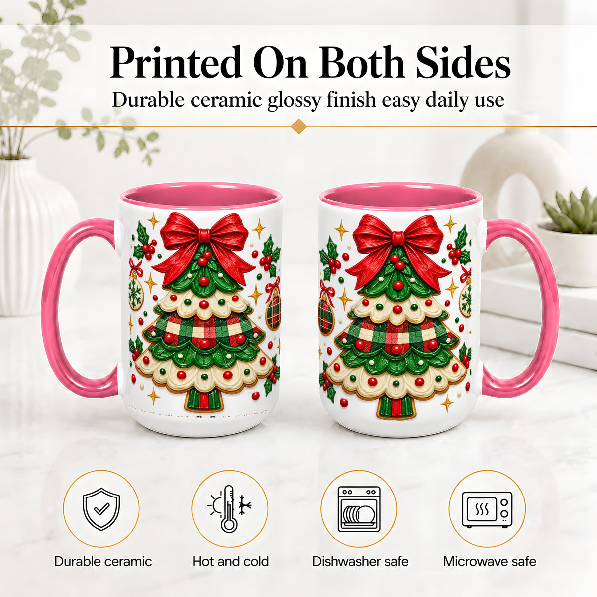 #pl[15oz|Pink] Christmas Tree Cookie Ceramic Mug, Festive Holiday Coffee Cup