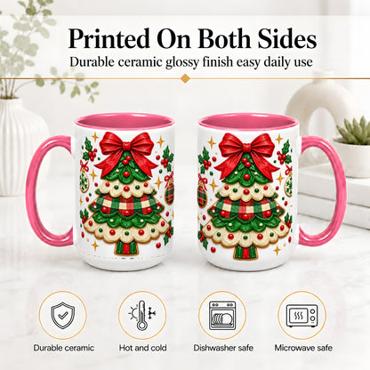 #pl[15oz|Pink] Christmas Tree Cookie Ceramic Mug, Festive Holiday Coffee Cup
