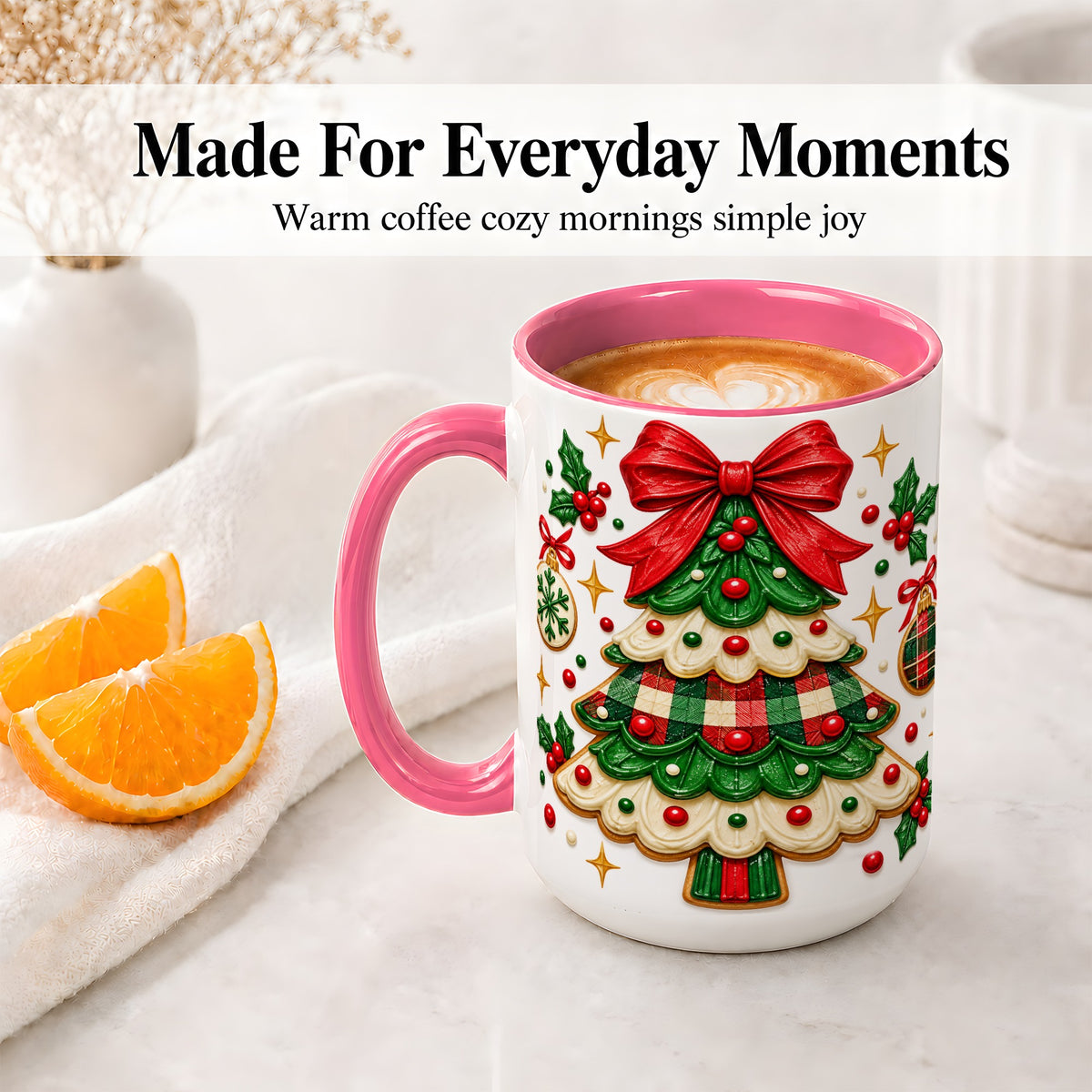 #pl[15oz|Pink] Christmas Tree Cookie Ceramic Mug, Festive Holiday Coffee Cup
