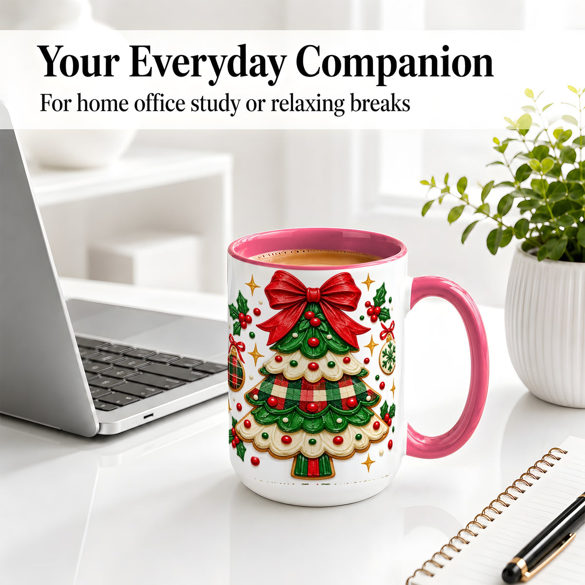 #pl[15oz|Pink] Christmas Tree Cookie Ceramic Mug, Festive Holiday Coffee Cup