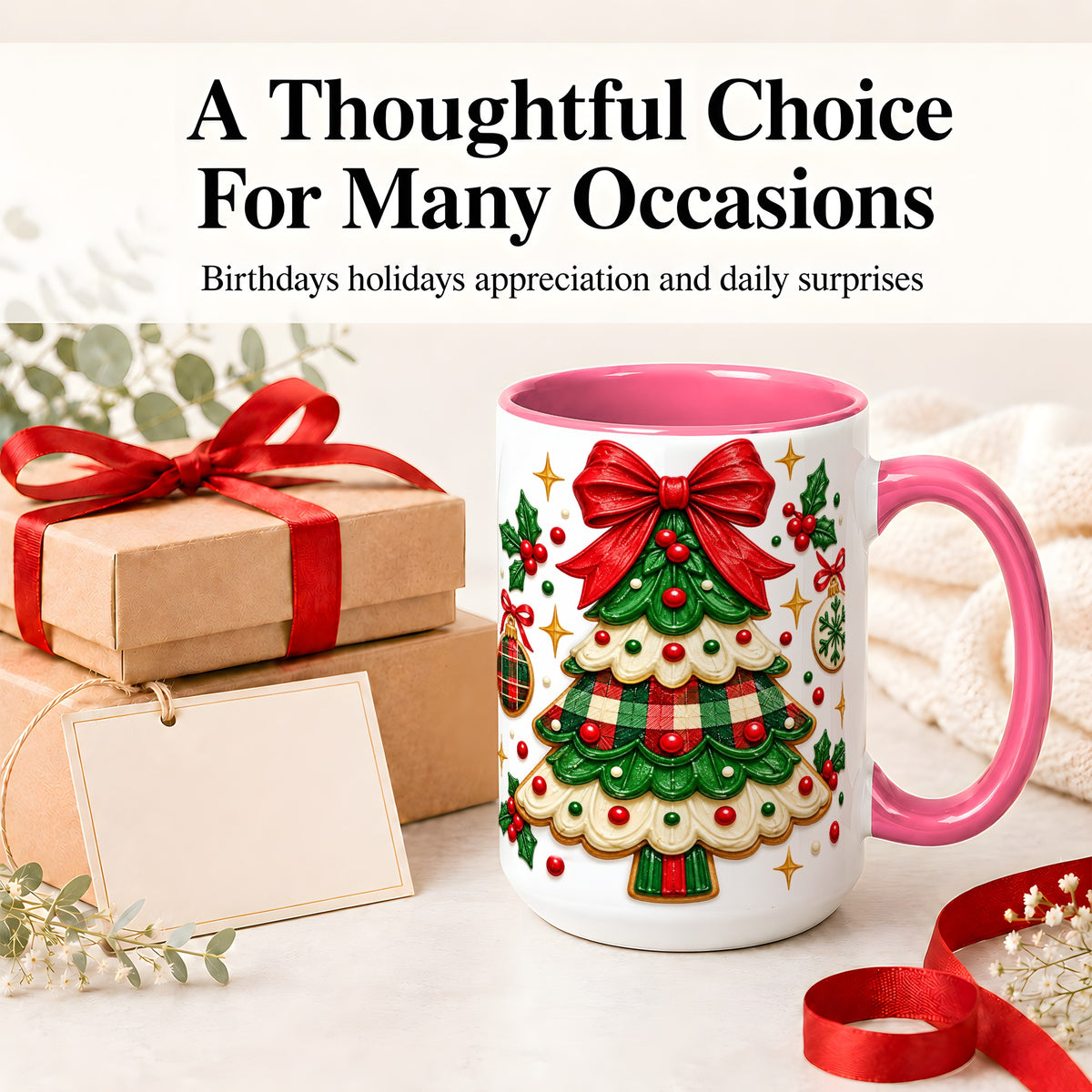 #pl[15oz|Pink] Christmas Tree Cookie Ceramic Mug, Festive Holiday Coffee Cup