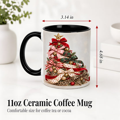 #pl[11oz|Black] Ribbon Christmas Tree Ceramic Mug, Festive Holiday Coffee Cup