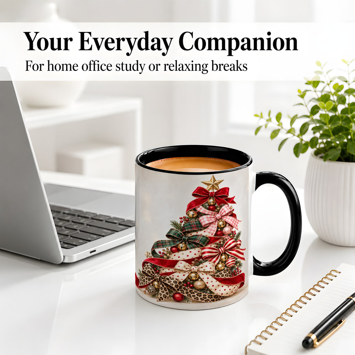 #pl[11oz|Black] Ribbon Christmas Tree Ceramic Mug, Festive Holiday Coffee Cup
