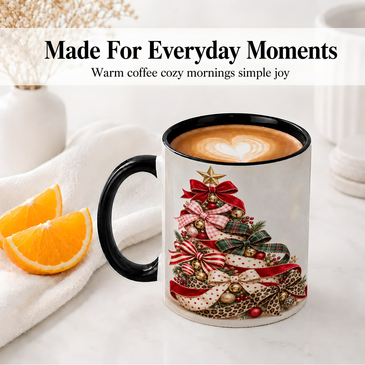 #pl[11oz|Black] Ribbon Christmas Tree Ceramic Mug, Festive Holiday Coffee Cup